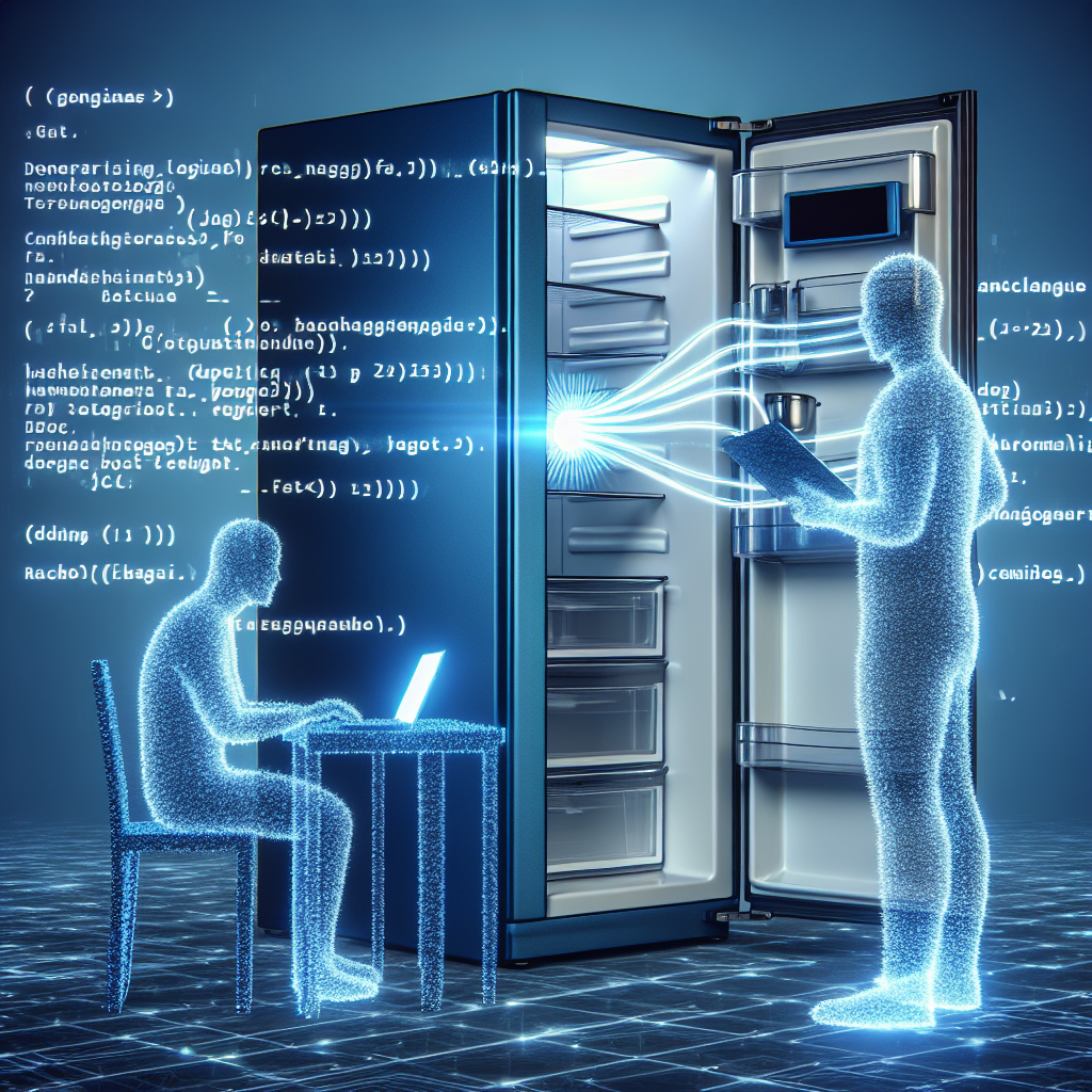 "Smart refrigerator with digital display and Wi-Fi connection, representing cybersecurity testing and hacking into smart home devices"