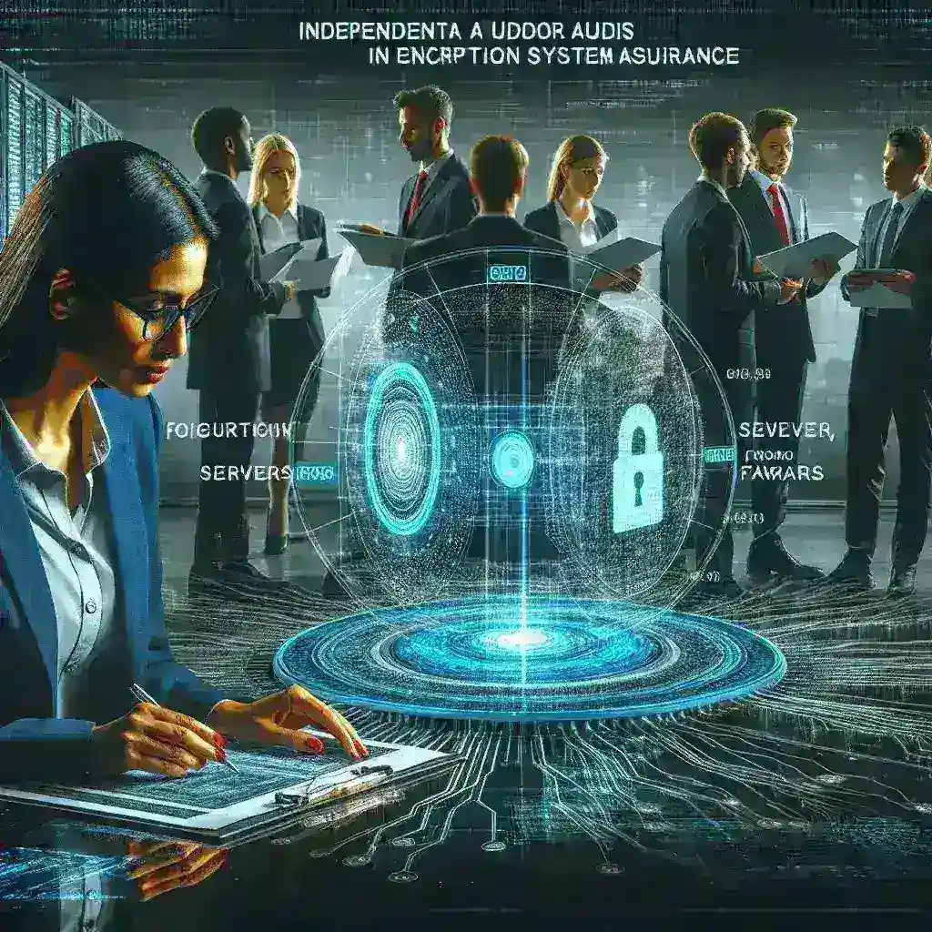 "Independent auditor reviewing encryption protocols for data security compliance in an audit report setting"